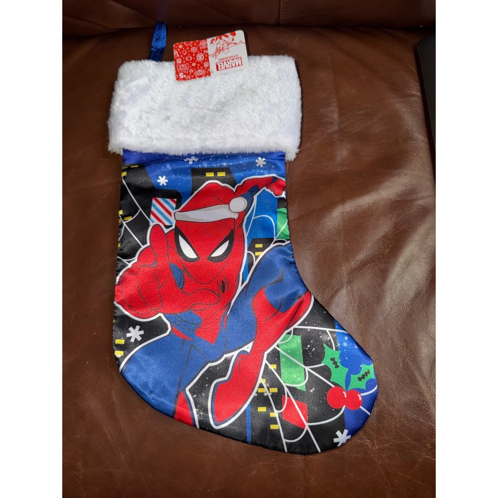 Marvel Spider-Man Christmas Stocking Blue Satin Faux Fur Cuff New With Tags